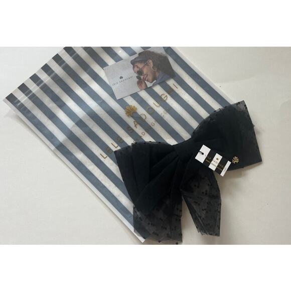 RARE Lele Sadoughi Black Sheer Bow Barrette Gold Charm Logo - Picture 4 of 8